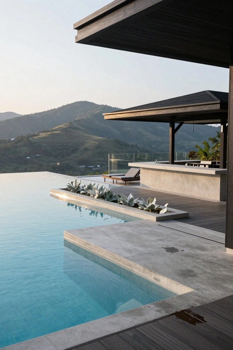 Infinity edge inground pool with wide concrete tanning ledge planted with agave plants, adjacent outdoor bar with stools and lounge chair, overlooking green hills and mountains.