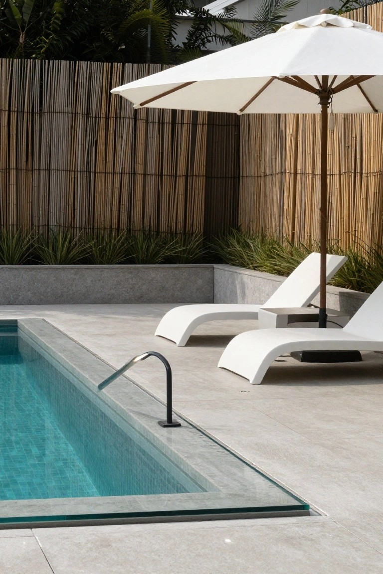 Inground pool edged in gray with blue tiles and a shallow tanning ledge featuring a black handrail, flanked by two white lounge chairs, a white umbrella, bamboo fencing, and tropical plants.