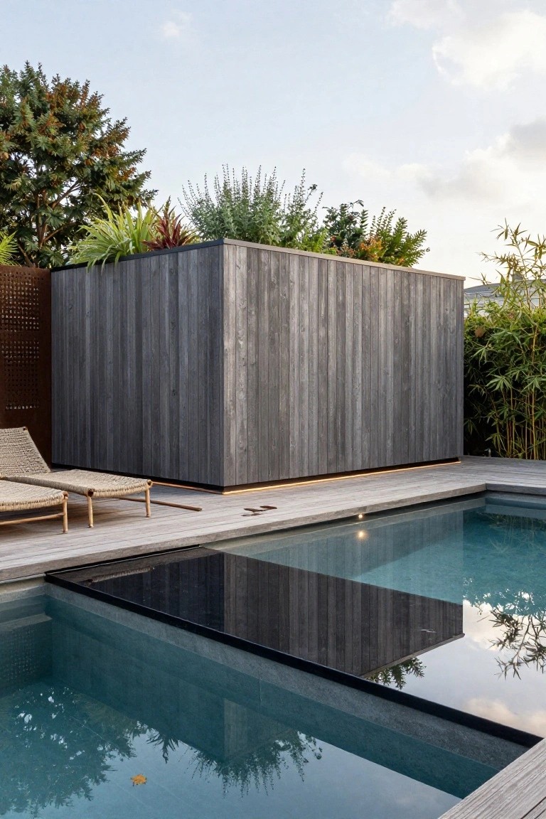 Rectangular inground pool with black tanning ledge flush against wooden deck, adjacent to tall gray vertical wooden planter box with greenery, woven lounger chair on deck, and bamboo plants nearby.