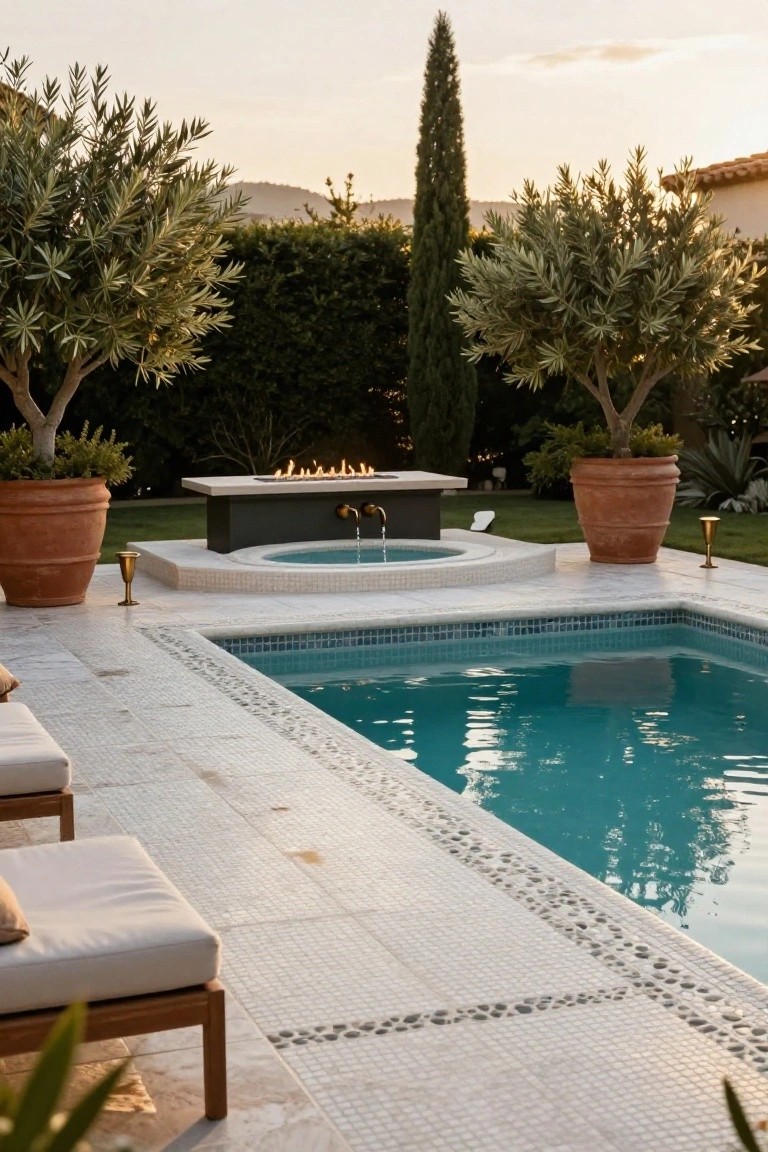 Inground swimming pool with shallow tanning ledge, adjacent spa and fire pit, lounge chairs on white stone decking, olive trees in terracotta pots, and cypress tree in background at sunset.