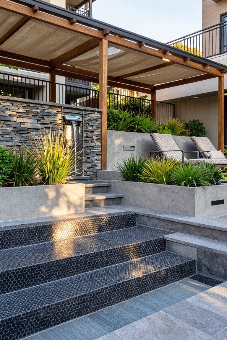 Black hexagonal mosaic tiled steps descending into an inground pool, surrounded by grey concrete planters filled with grasses, two beige loungers under a wooden pergola with beige fabric shade, stone wall with water feature and greenery in the background.