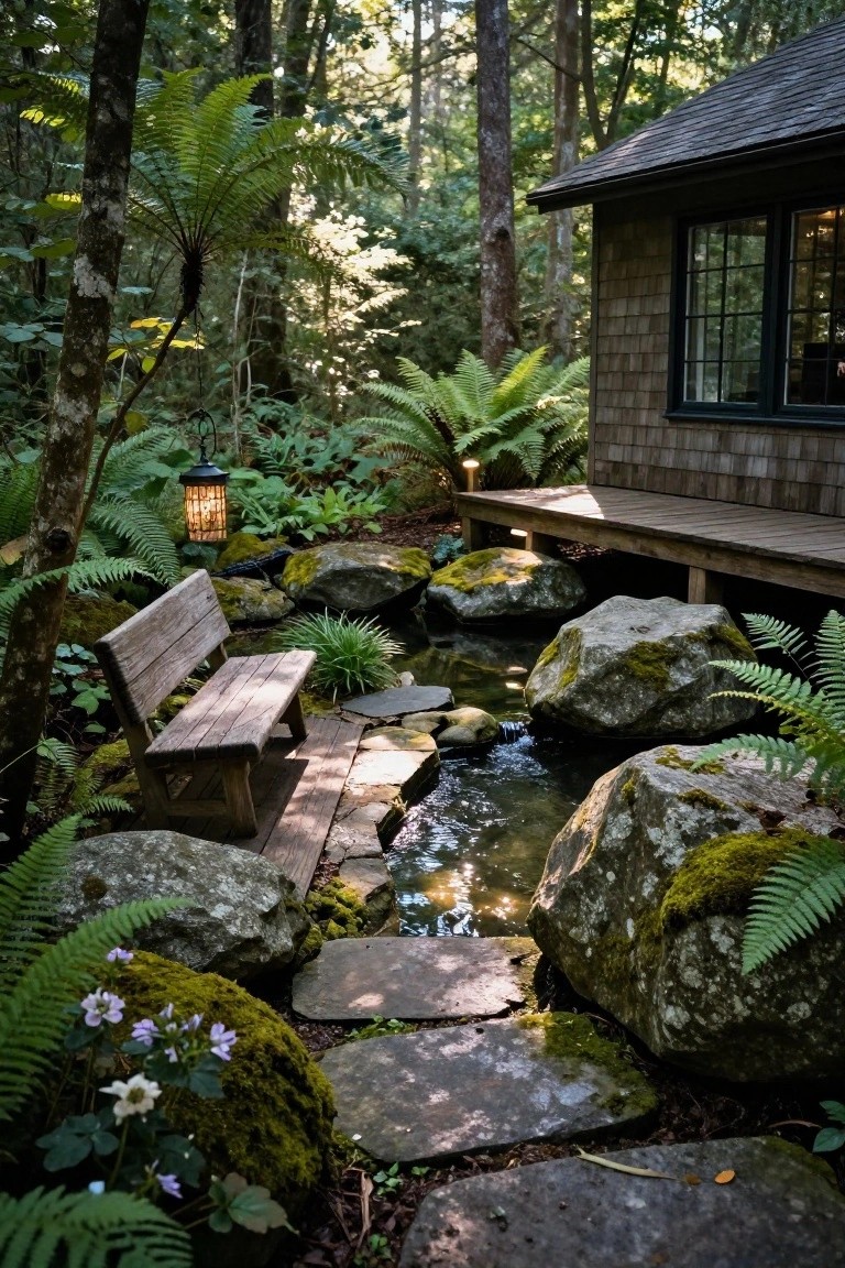 Shingled wooden cabin in dense forest with deck extending to mossy boulders bordering a small clear stream, wooden bench on deck, ferns, stepping stone path, hanging lantern, and soft sunlight filtering through trees.