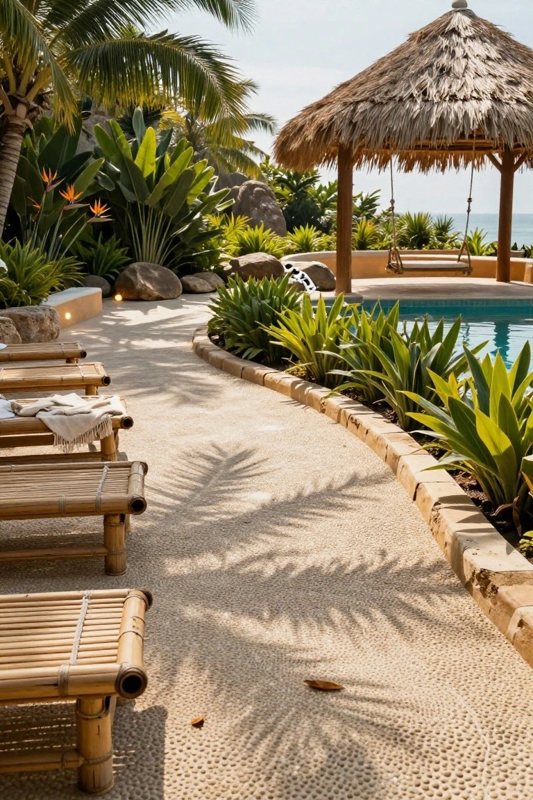 Inground pool with blue water and tanning ledge, bamboo loungers on pebble path nearby, tropical plants and rocks along the edge, thatched gazebo in background.