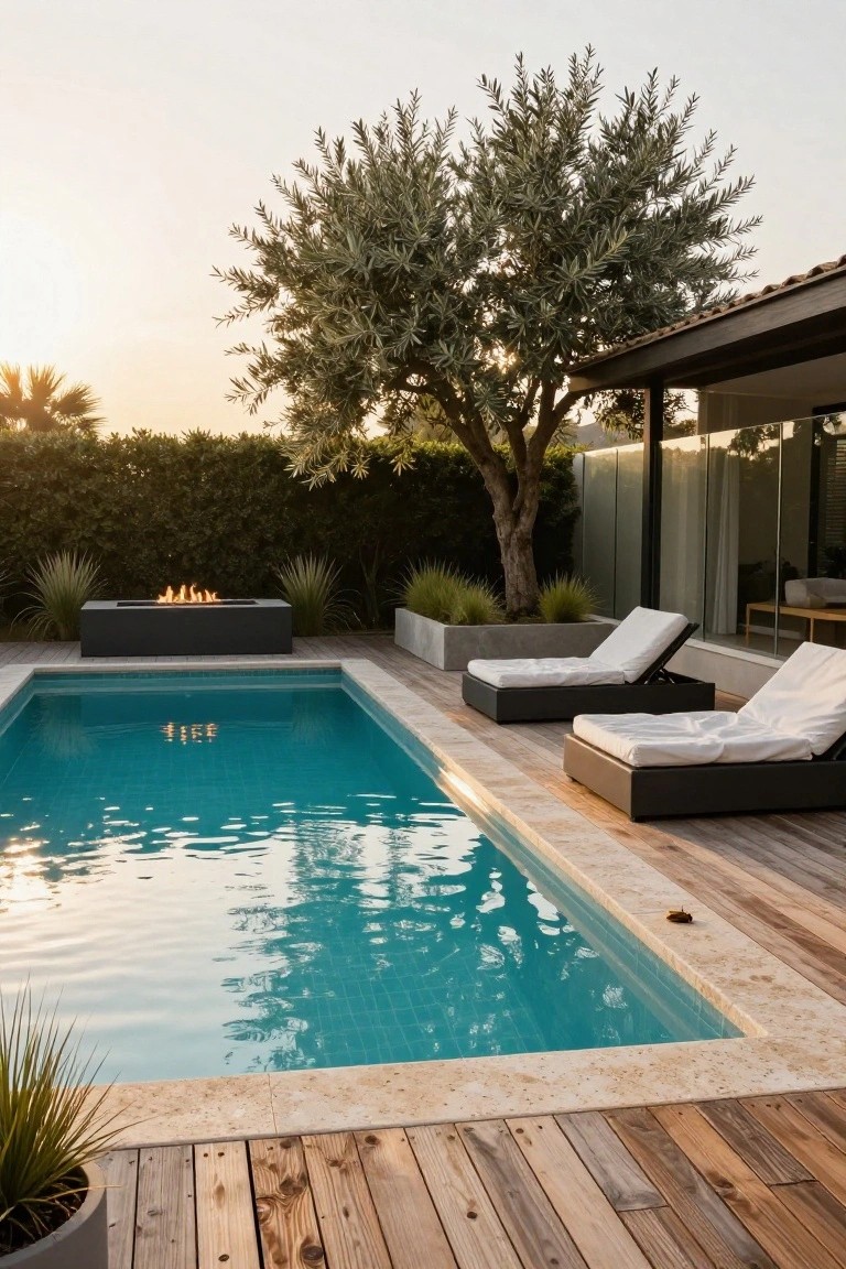 Inground pool with turquoise tiles and shallow tanning ledge edged in stone, adjacent wood deck with black lounge chairs, black fire pit planter, olive tree, hedges, and glass-walled house at sunset.