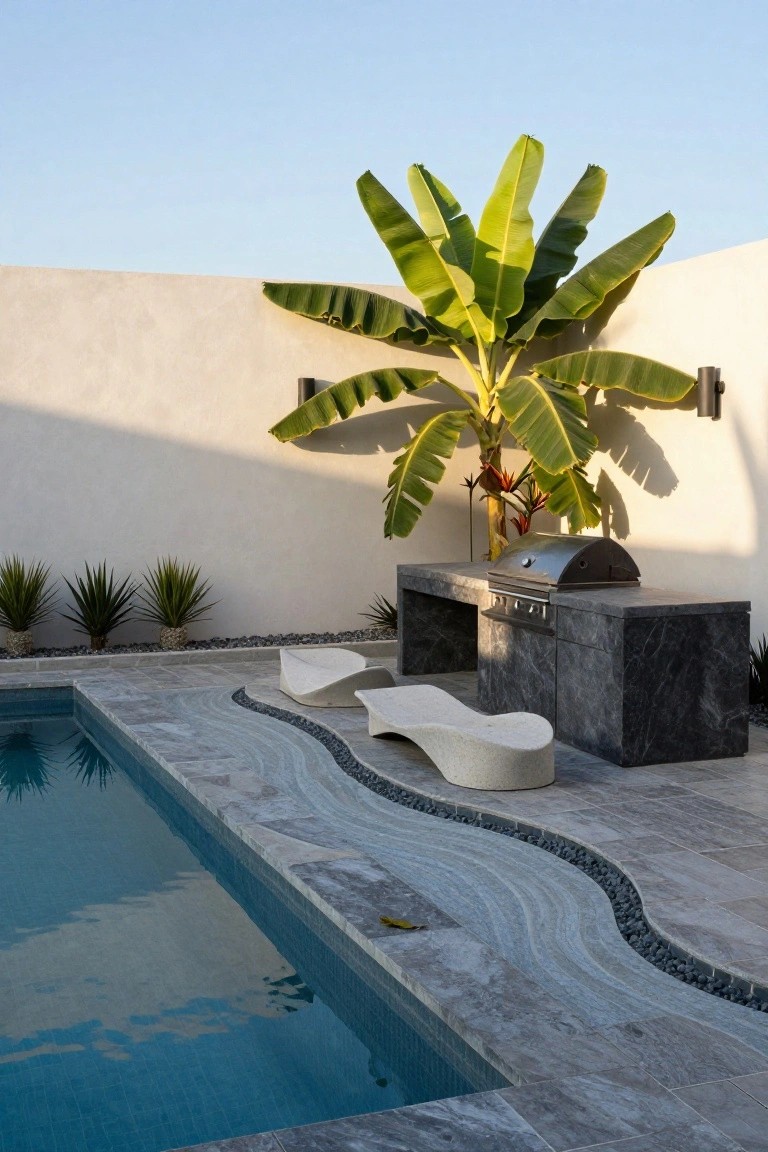 Inground pool with curved gray tiled edge and pebble accents, featuring a shallow tanning ledge with two white sculptural loungers, adjacent black stone BBQ island, palm tree against beige wall, and agave plants.