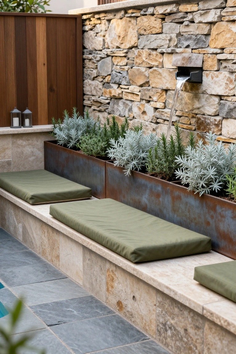 Stone built-in benches with green cushions along a pool edge, flanked by rusted metal planters with lavender and rosemary, next to a stone wall water feature and inground pool with blue water.