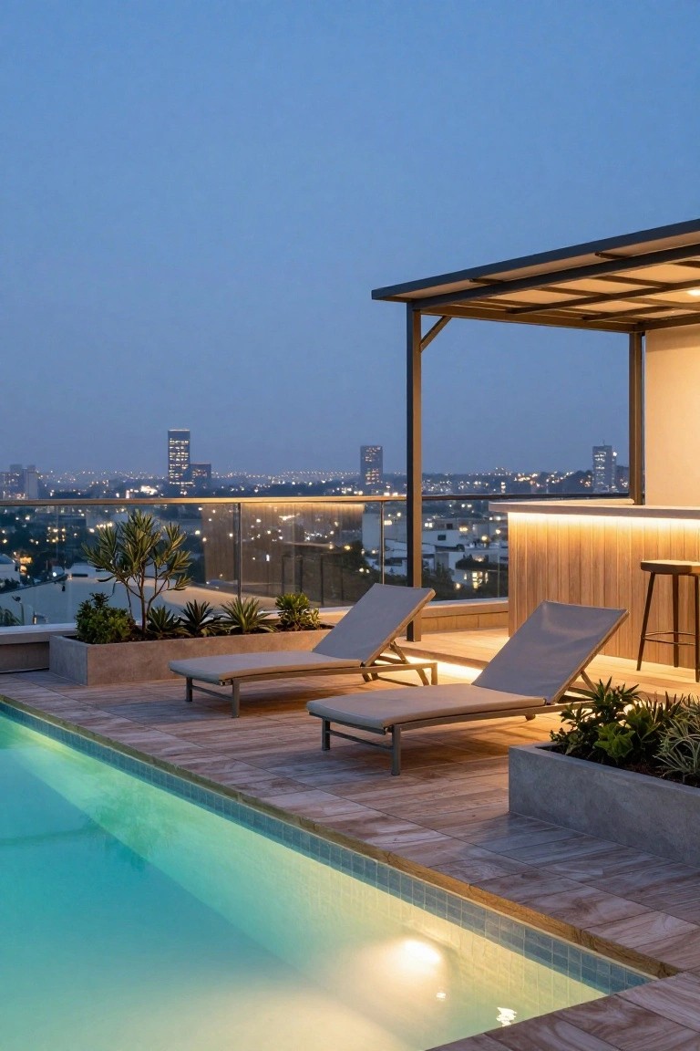 Rooftop terrace at dusk with inground pool featuring shallow tanning ledge, gray lounge chairs on wood decking next to pool, potted plants, bar counter, glass railing, and city skyline in background.