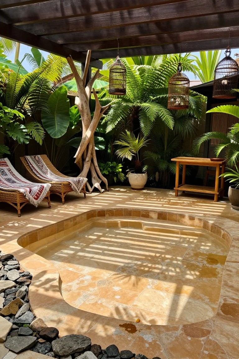 Compact curved inground pool with wide tanning ledge, surrounded by tropical plants, rattan loungers with blankets, wooden table, and hanging birdcage lanterns under a pergola.
