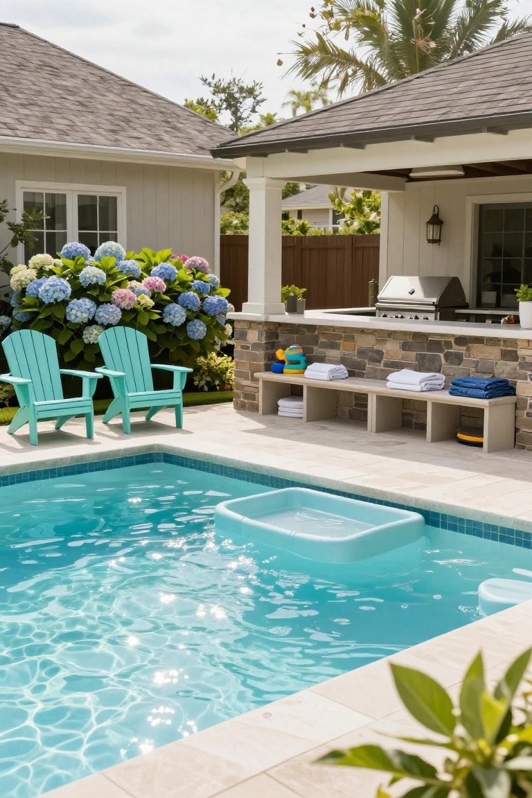 Inground pool with a white tanning ledge in the shallow end, turquoise Adirondack chairs on the deck, hydrangea bushes, stone outdoor kitchen with stainless steel grill, and nearby houses under a partly cloudy sky.