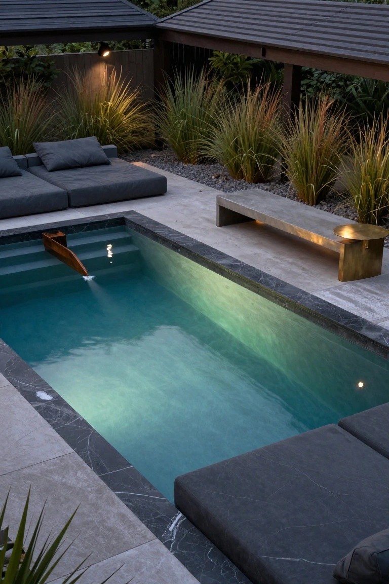 Rectangular inground pool with black marble borders and steps featuring a wooden water spout, next to a concrete bench with brass side table, gray outdoor loungers, tall ornamental grasses, and pergola structures in low evening light.