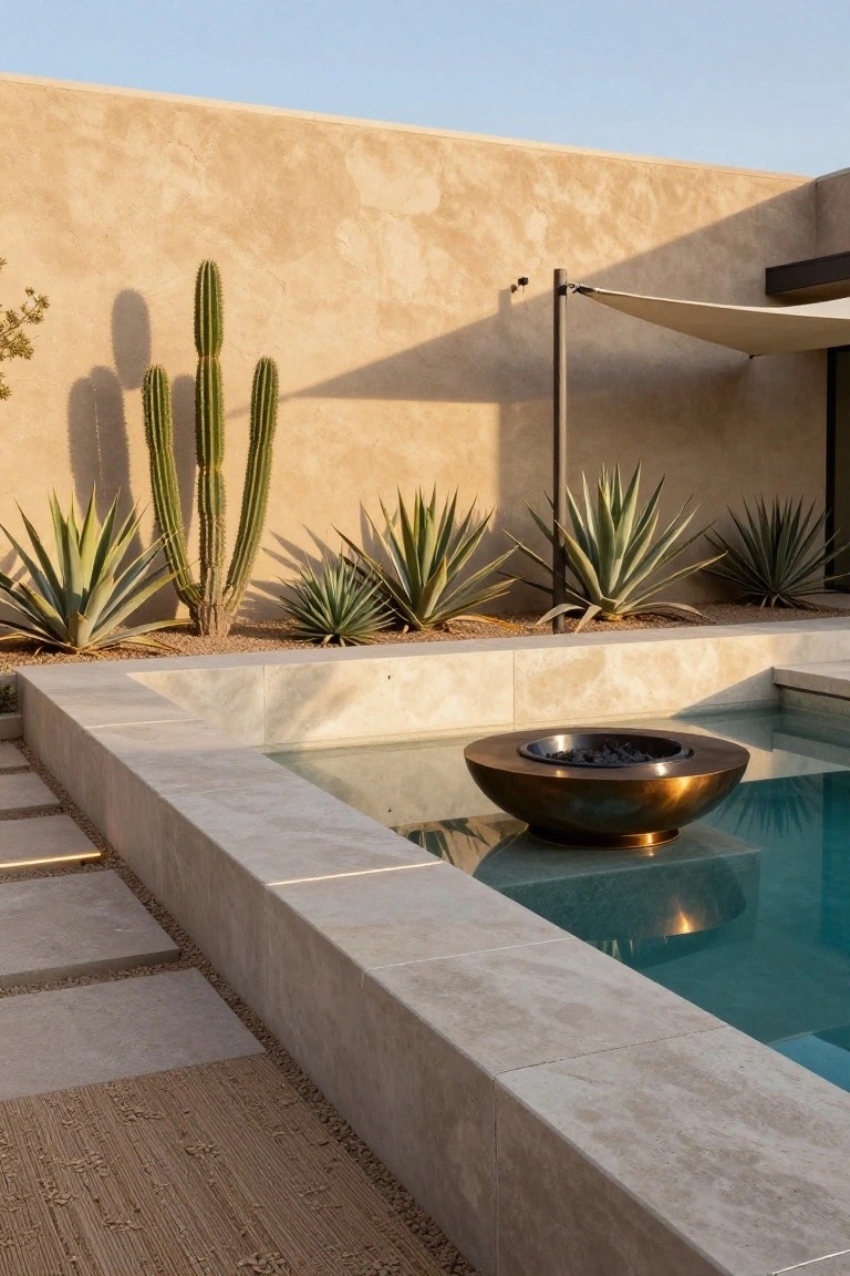 Bronze fire bowl with glowing coals centered in the shallow tanning ledge of an inground pool, edged in beige stone with nearby cacti, agaves, and a shaded canopy against stucco walls.