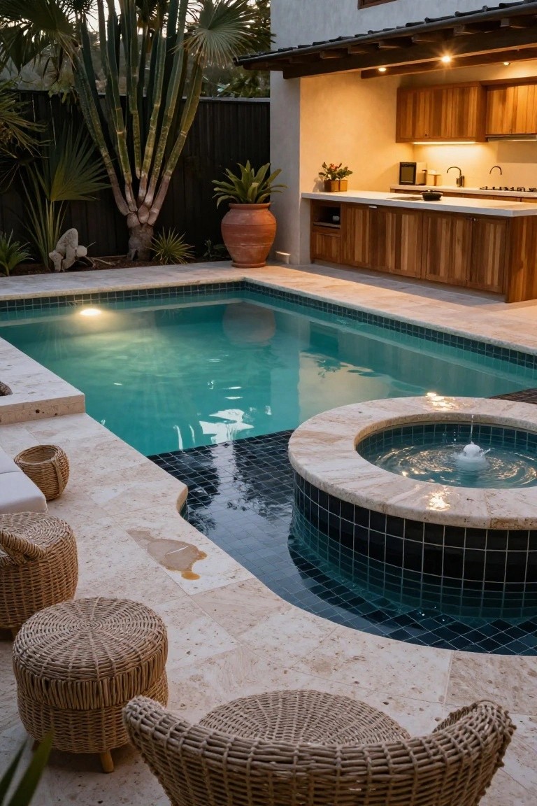 Inground pool with turquoise tiles and a circular black-tiled spa featuring a fountain, adjacent to an outdoor kitchen with wood cabinets, surrounded by potted plants, palm trees, and wicker stools on a travertine deck and in the shallow pool edge.