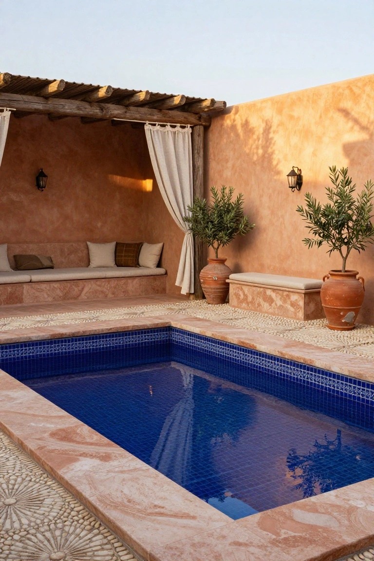 Small blue-tiled inground pool in terracotta-walled outdoor courtyard with built-in benches, potted olive trees, wall lanterns, white curtains on wooden pergola, and pebble stone flooring.