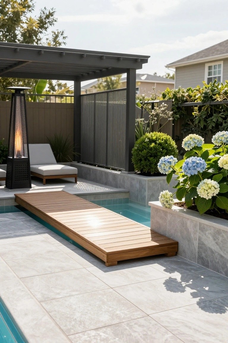 Backyard inground pool with narrow wooden walkway platform extending over the edge as a tanning ledge, adjacent lounge chairs, tall fire pit, pergola, and hydrangea bushes.