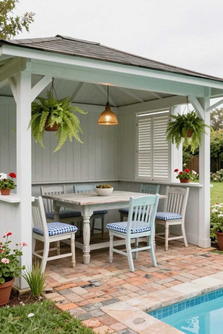 White wooden gazebo with shiplap walls and hanging ferns beside a rectangular swimming pool, containing a rectangular wooden dining table with blue cushioned chairs, potted plants on shelves, and louvered shutters.