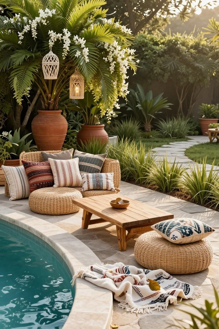 Poolside outdoor lounge with woven rattan chairs, round poufs, patterned pillows, wooden table, and small bowl on tiled deck next to turquoise pool water, surrounded by potted plants, palms, and hanging lanterns.