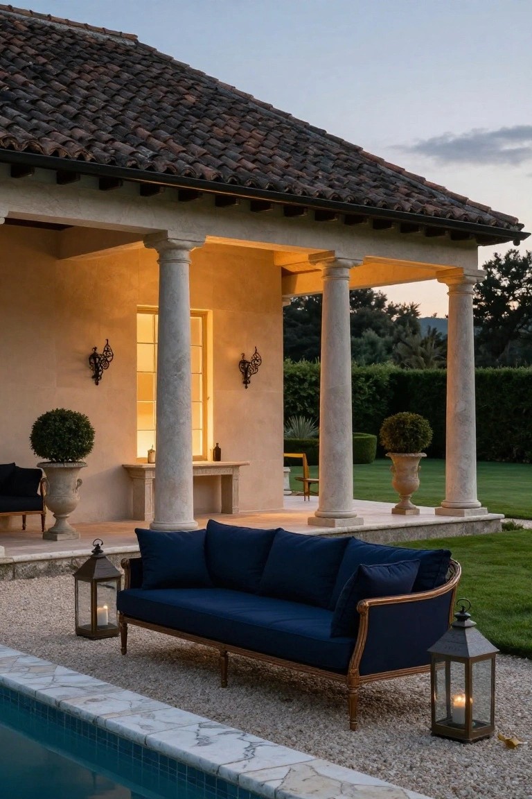 A navy blue curved sofa on gravel next to a swimming pool under a beige stucco porch supported by white columns, with lanterns, potted plants, and a lawn beyond.