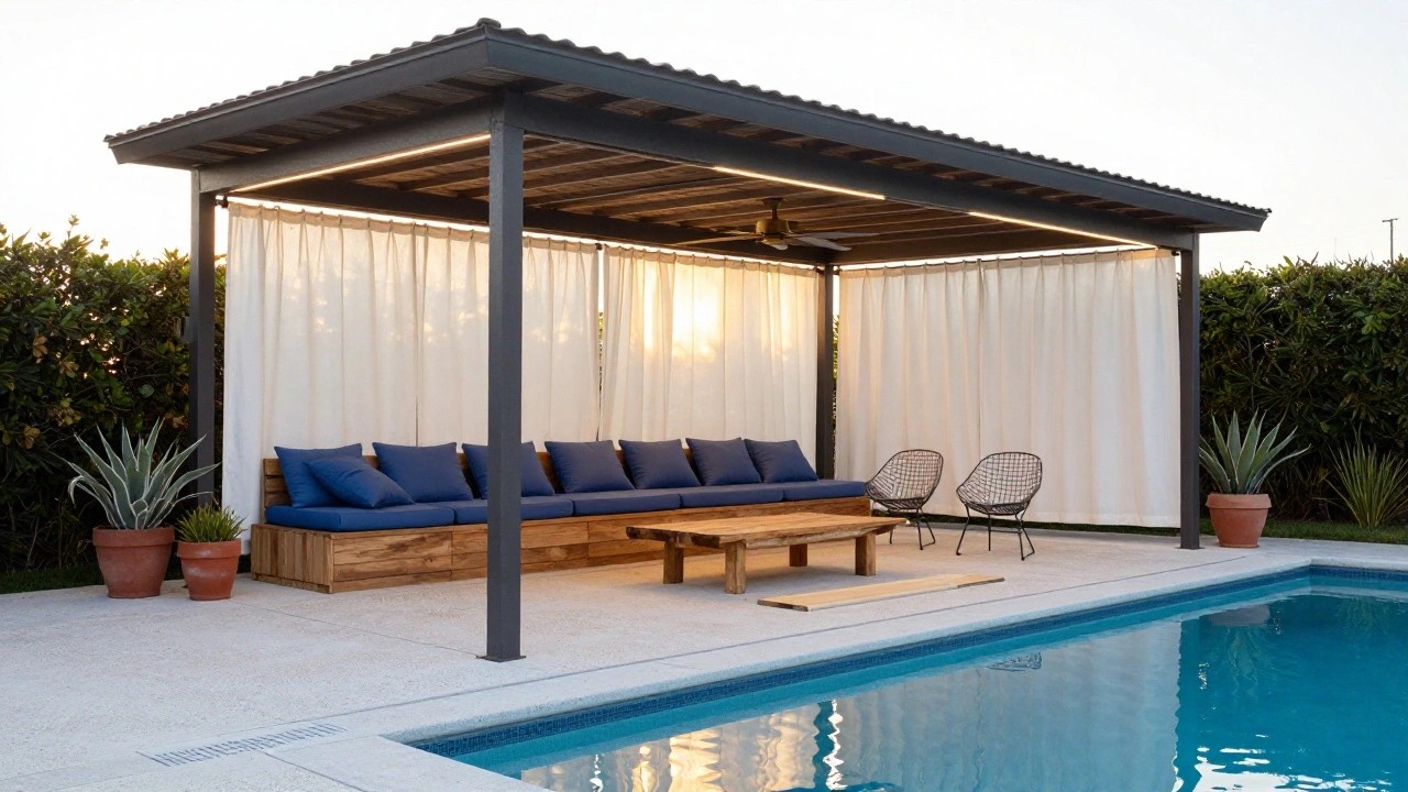 Wooden pergola with slatted roof, ceiling fan, sheer curtains, navy outdoor sofa and chairs on pool deck surrounded by potted plants and a turquoise pool at sunset.