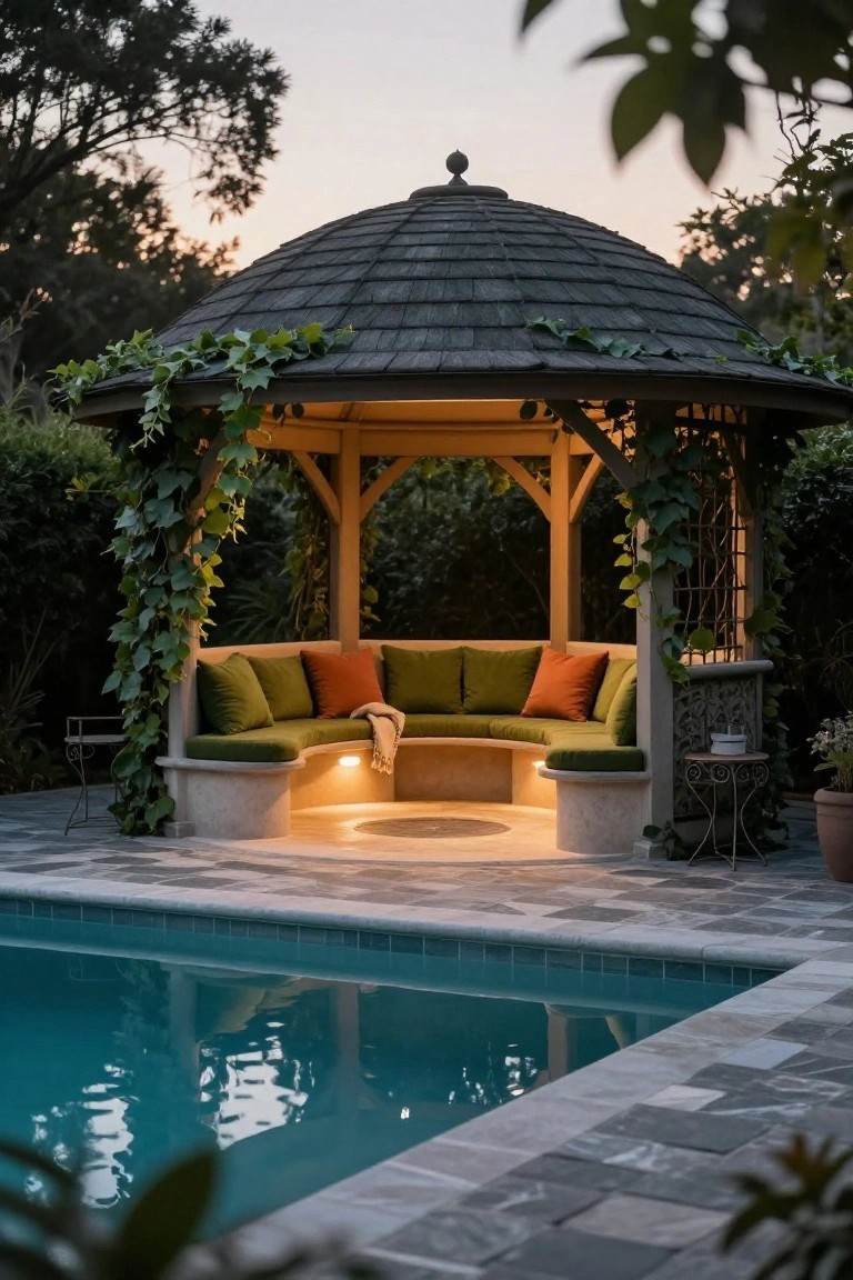 Ivy-covered wooden gazebo beside a blue swimming pool on a tiled deck, with curved beige stone bench seating, green cushions, orange pillows, a throw blanket, small tables, and underlighting.