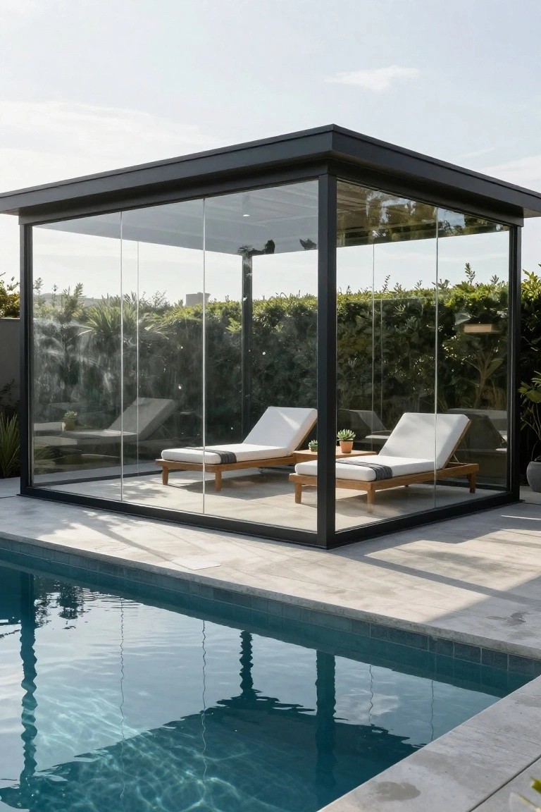 A black-framed glass gazebo with two white teak-frame loungers inside sits directly beside a rectangular blue pool on a light stone deck surrounded by green hedges and plants.