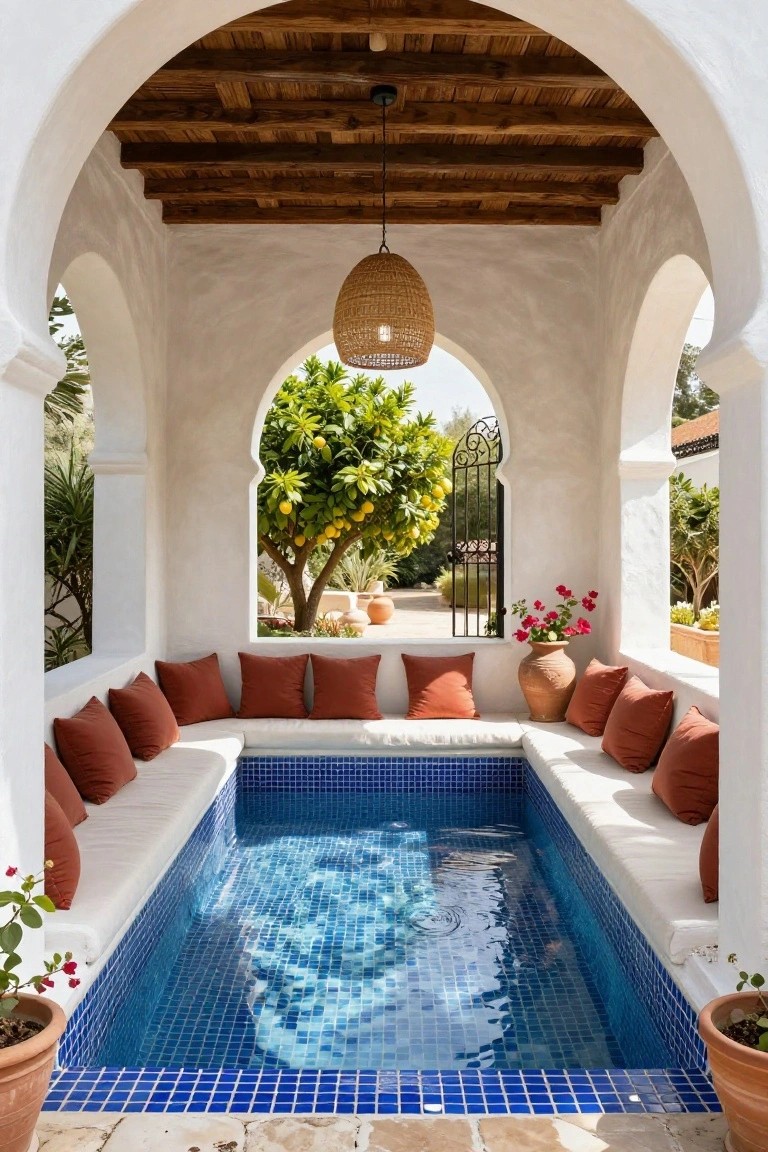 White stucco gazebo with exposed wood beams, rattan pendant light, and arched openings enclosing a small blue mosaic-tiled plunge pool surrounded by built-in white benches topped with orange cushions, with potted plants and a lemon tree visible through the arches.