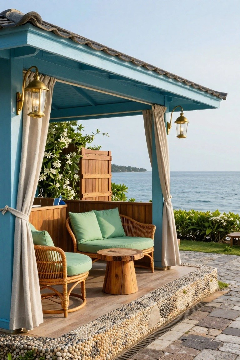 Turquoise wooden gazebo with white sheer curtains draped on sides, two rattan chairs with green cushions around a wood stump table, gold lanterns, wooden shutter door, tropical plants, and ocean view on a pebble and stone deck.