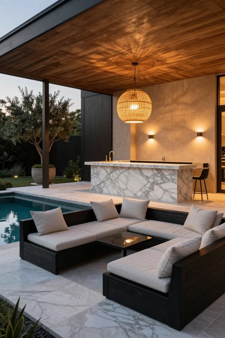 Outdoor covered terrace with wooden plank ceiling, hanging rattan lantern, white marble bar counter with gold faucet and black stools, L-shaped dark wood sofa with beige cushions, and adjacent turquoise swimming pool on light gray tiled patio with landscaping.