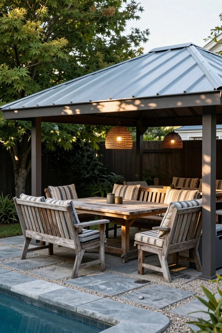 Backyard gazebo with gray corrugated metal roof sheltering a rectangular wooden dining table and matching benches with striped cushions, two hanging rattan lanterns, adjacent to a blue pool on stone pavers surrounded by trees and shrubs.