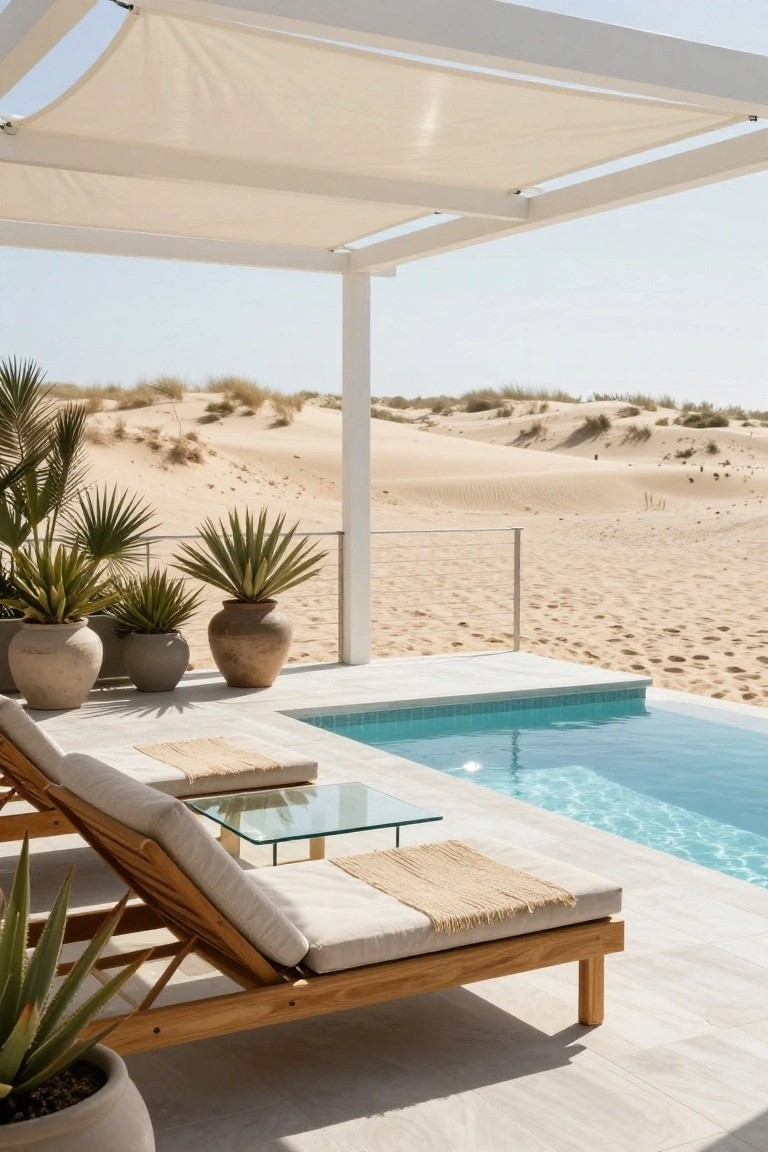 White pergola with beige shade cloth over wooden loungers next to a turquoise plunge pool, potted plants nearby, sand dunes and beach in background.
