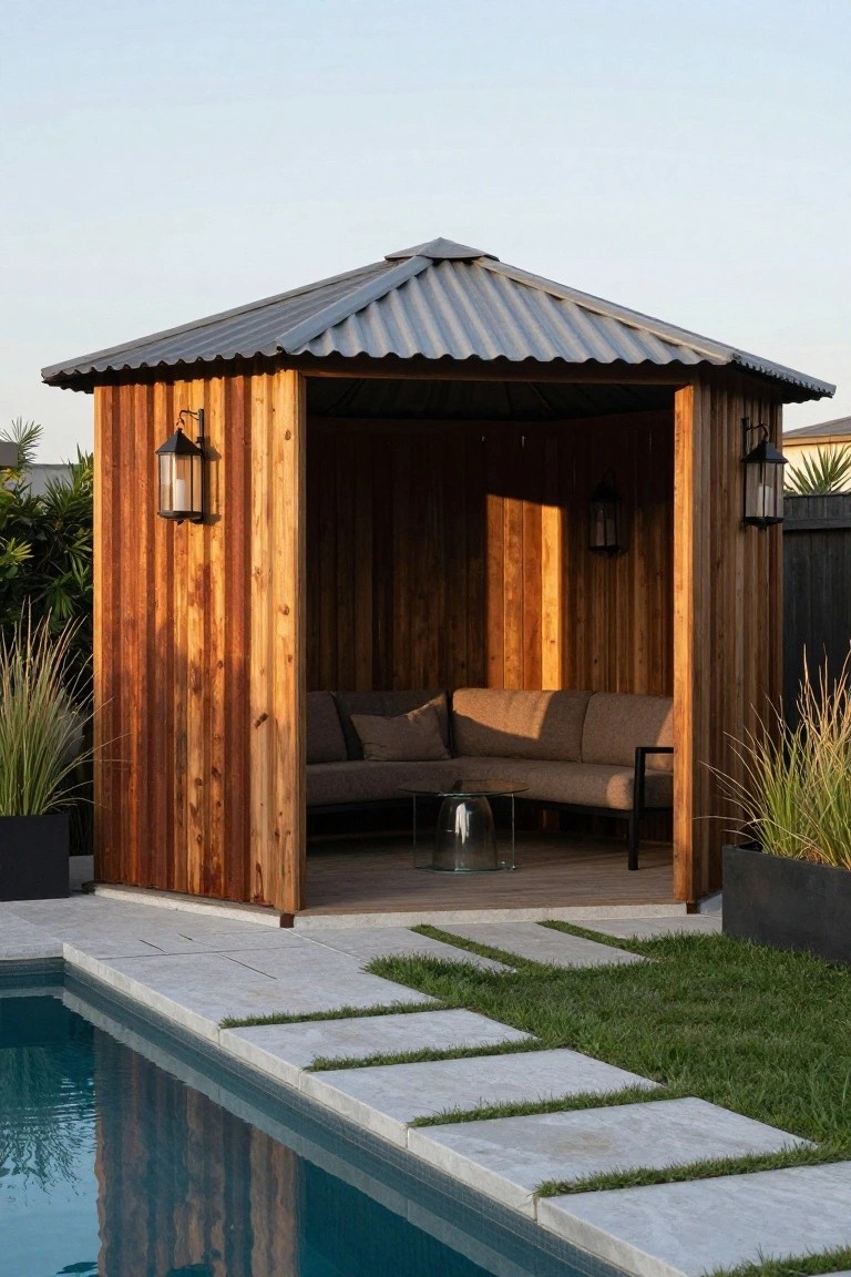 Wooden octagonal gazebo with vertical board walls, corrugated metal roof, beige L-shaped sofa, glass table, and lanterns, positioned on a stone patio next to a swimming pool with grass and potted plants nearby.