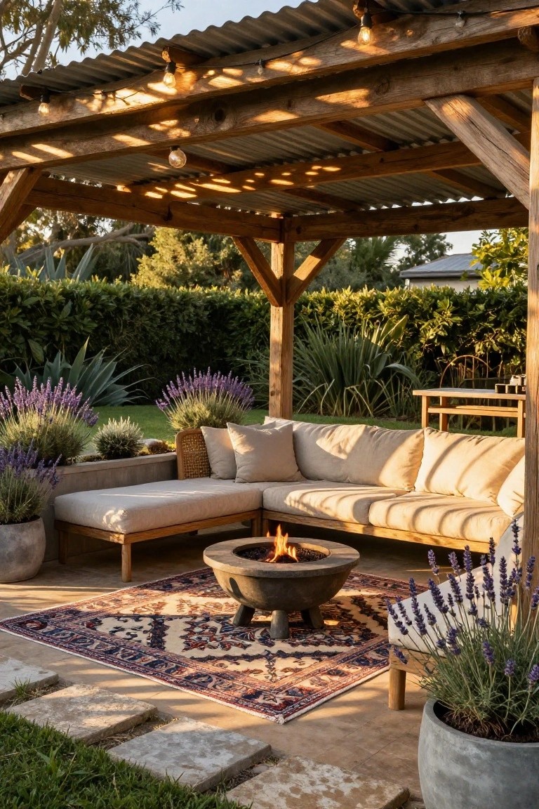 Wooden pergola with corrugated metal roof and string lights shading an L-shaped beige outdoor sofa around a central concrete fire pit on a patterned rug, with potted lavender and agave plants on a stone patio edged by grass and hedges.