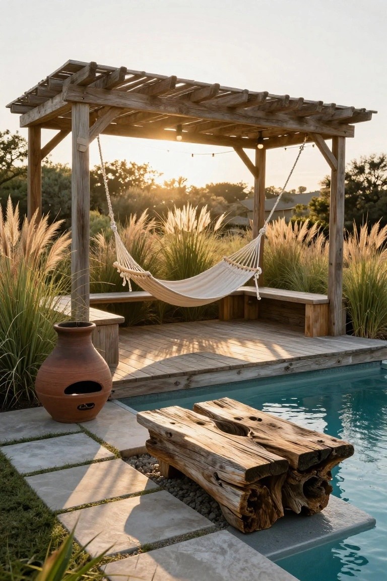 Wooden pergola with white hammock suspended between posts over a pool deck, featuring benches, a terracotta pot, driftwood table by the turquoise pool, pampas grass, and string lights.
