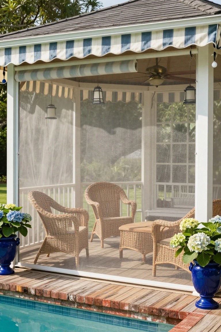 White screened gazebo with blue-and-white striped awning, ceiling fan, hanging lanterns, wicker chairs and table with hydrangeas in blue pots, on wooden deck beside turquoise pool.