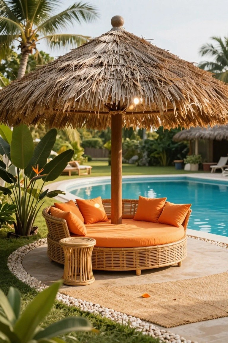 A circular orange rattan daybed with cushions under a thatched roof gazebo positioned next to a rectangular swimming pool, surrounded by tropical plants, palm trees, and lounge chairs.