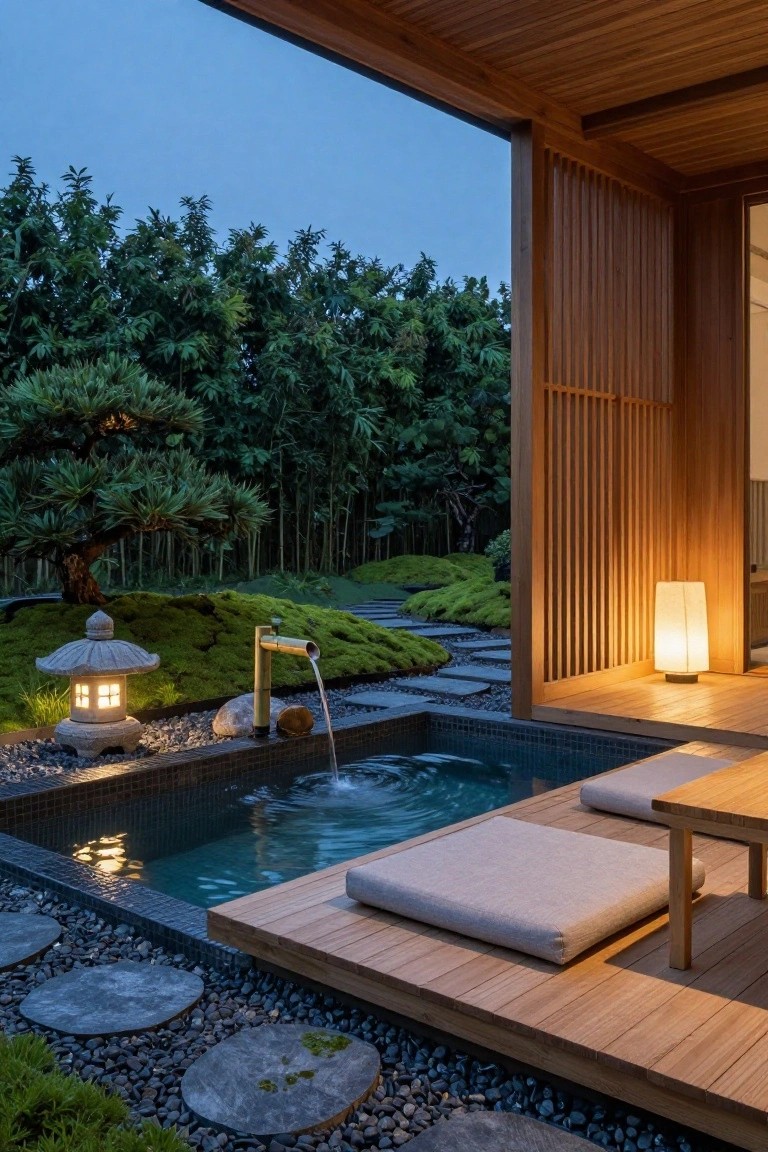 Wooden pavilion with slatted cedar walls and overhanging roof next to a small blue-tiled hot tub on a deck, surrounded by stone paths, lanterns, moss garden, bamboo, and pine trees at dusk.