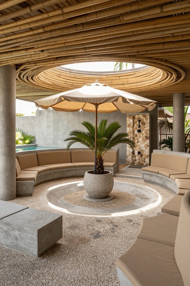24 Beautiful Pool Shade Pavilion Ideas That Create a Retreat Circular outdoor pavilion with bamboo roof supported by concrete columns, curved beige-upholstered concrete benches around a large potted palm tree, beige market umbrella, pebble stone floor, infinity-edge pool, and stone outdoor shower wall.