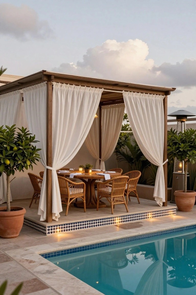 24 Beautiful Pool Shade Pavilion Ideas That Create a Retreat Wooden pavilion with white sheer curtains draped on posts surrounds a round wooden dining table set with white linens and rattan chairs next to an infinity-edge pool, potted citrus trees nearby and blue mosaic tile edging.