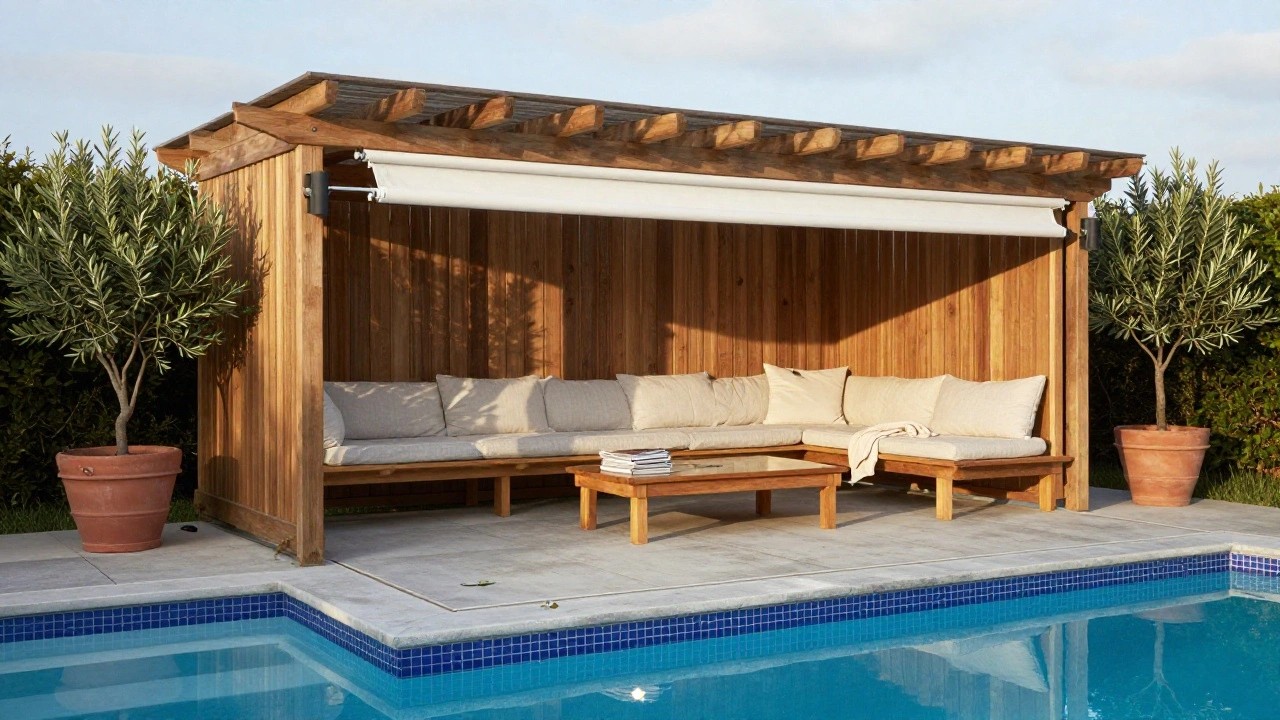 Wooden pergola with draped fabric roof over beige L-shaped outdoor sofa, wooden coffee table, and throw on a tiled pool deck next to a blue-tiled swimming pool and potted olive tree.