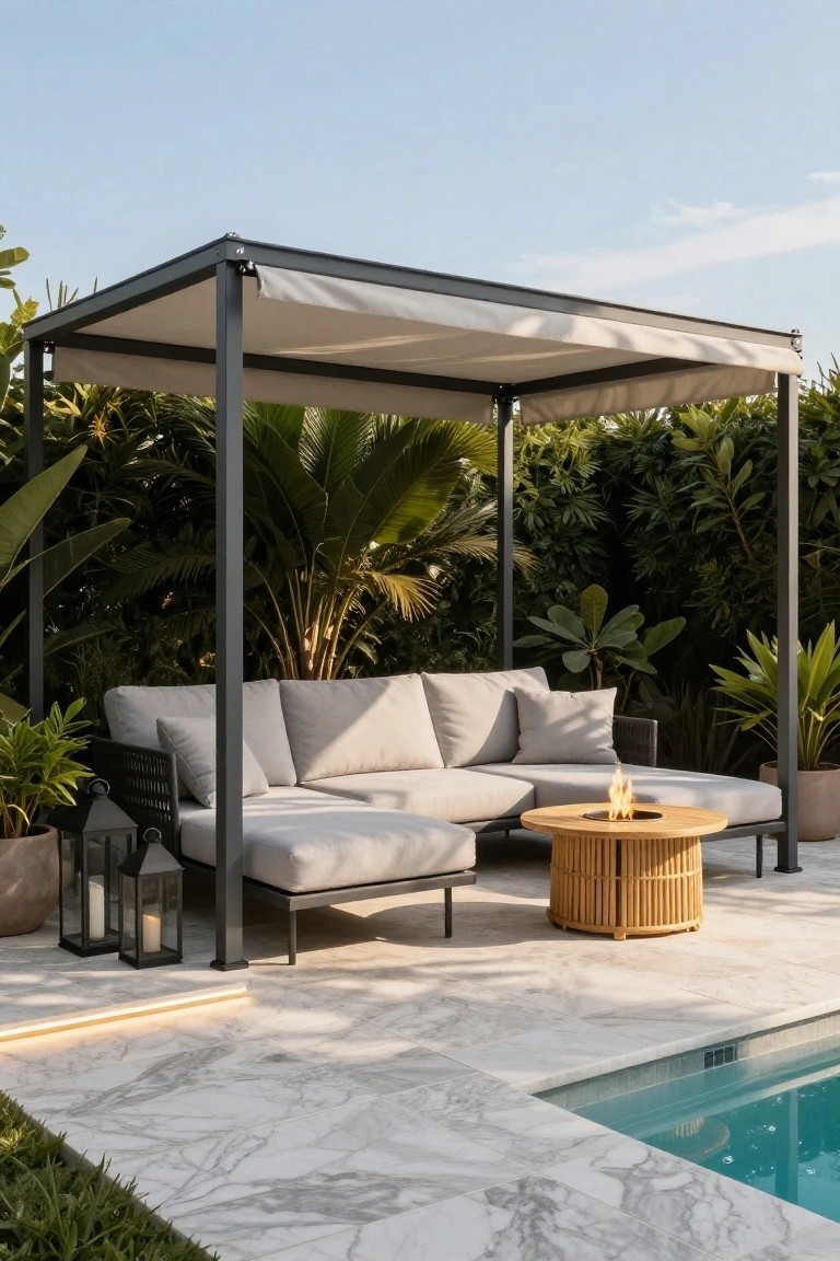 24 Beautiful Pool Shade Pavilion Ideas That Create a Retreat Black metal-framed pavilion with gray fabric roof shading a modular gray woven sofa set and rattan fire table on a white marble pool deck next to a turquoise pool, surrounded by potted tropical plants.