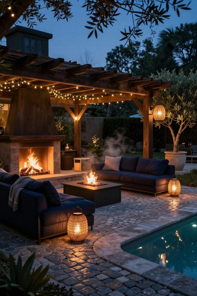 24 Beautiful Pool Shade Pavilion Ideas That Create a Retreat Backyard poolside wooden pergola with string lights overhead, navy sofas around a fire pit table, stone outdoor fireplace, hanging lanterns, potted plants, and pool edge at dusk.