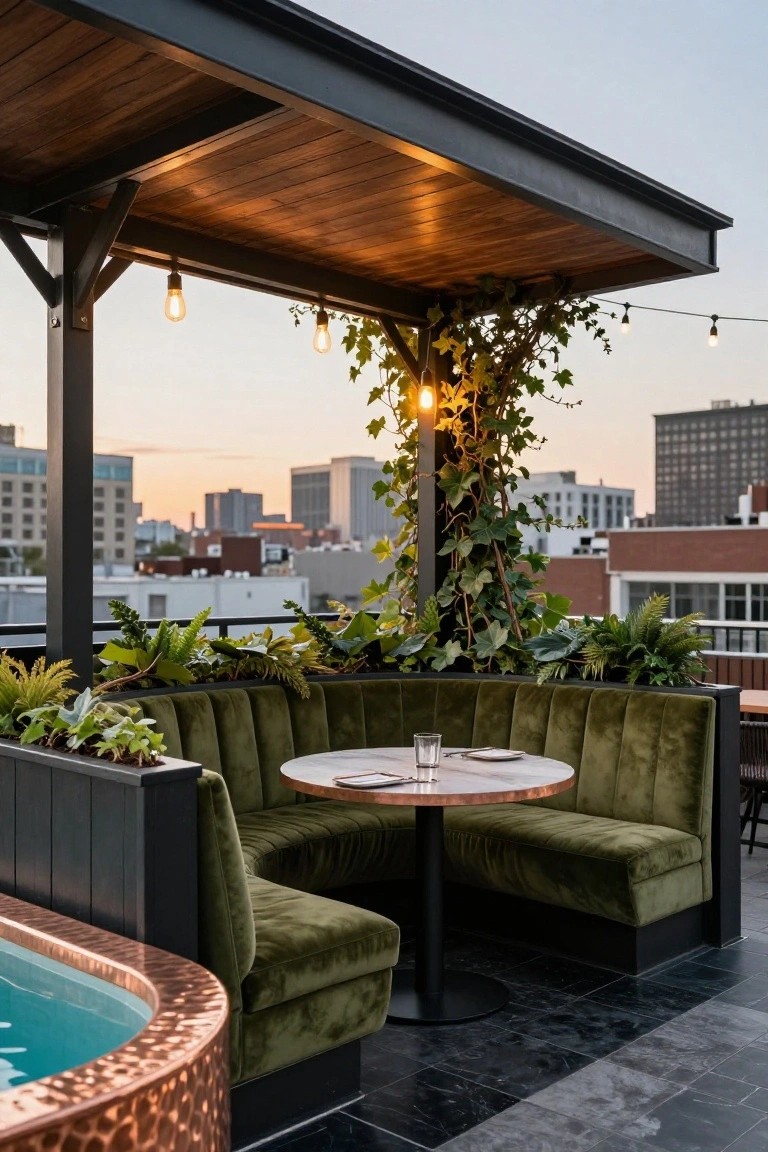 24 Beautiful Pool Shade Pavilion Ideas That Create a Retreat Rooftop pavilion with curved green velvet bench seating around a round copper table adjacent to a turquoise hot tub edged in hammered copper, surrounded by potted plants and ivy on black metal posts under a wooden ceiling with string lights and city skyline at dusk.