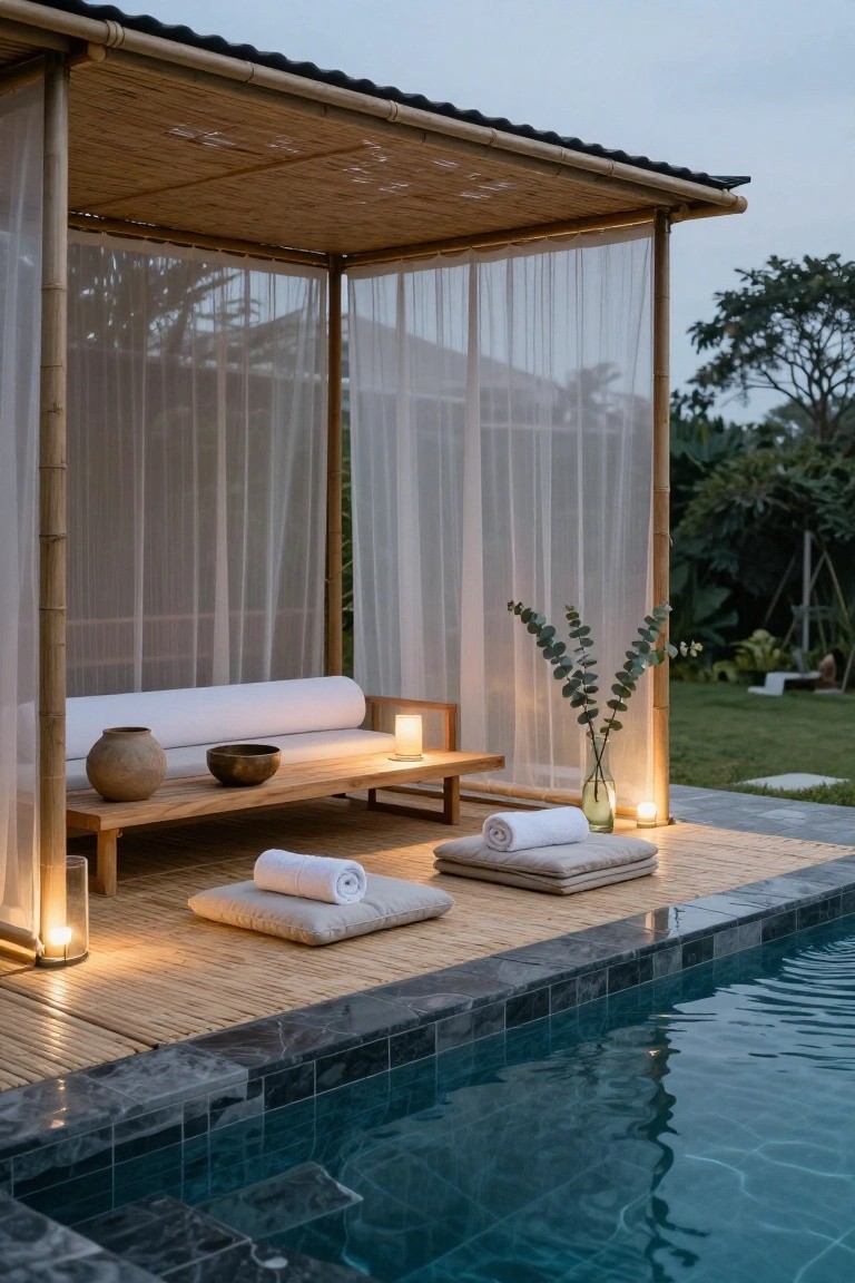 24 Beautiful Pool Shade Pavilion Ideas That Create a Retreat Bamboo pavilion with sheer white curtains, wooden daybed with white cushions and towels, potted plants, and lanterns beside a dark-tiled infinity-edge pool at dusk.