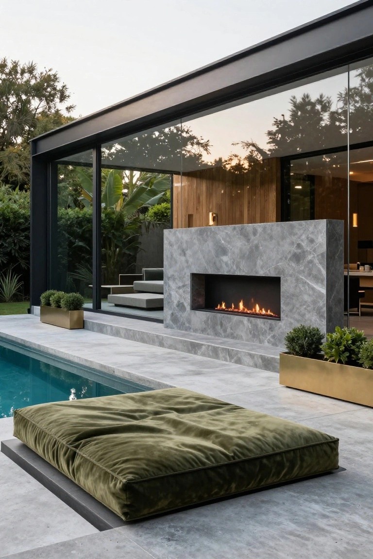 24 Beautiful Pool Shade Pavilion Ideas That Create a Retreat Outdoor pool deck with a gray marble wall containing a lit linear gas fireplace, a large rectangular green velvet daybed on the stone pavers nearby, glass-paneled house walls behind, tropical plants in gold planters, and lush greenery surrounding the pool.