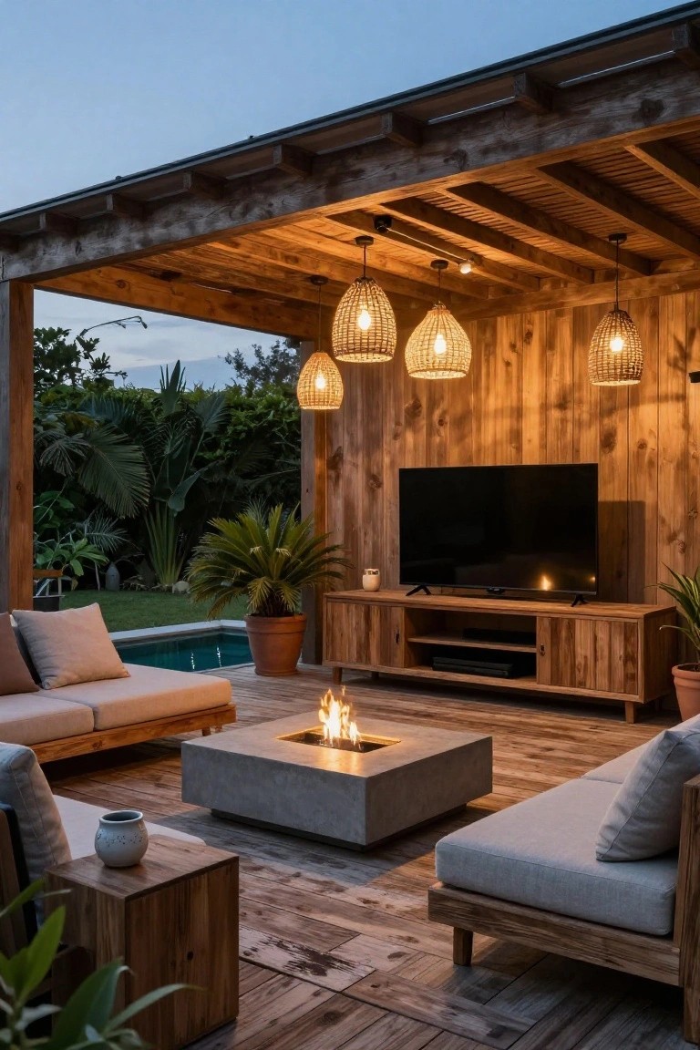 24 Beautiful Pool Shade Pavilion Ideas That Create a Retreat Wooden pavilion with beige outdoor sofas around a concrete fire table, mounted TV on paneled wall, hanging rattan lanterns, potted plants, and small pool in background.