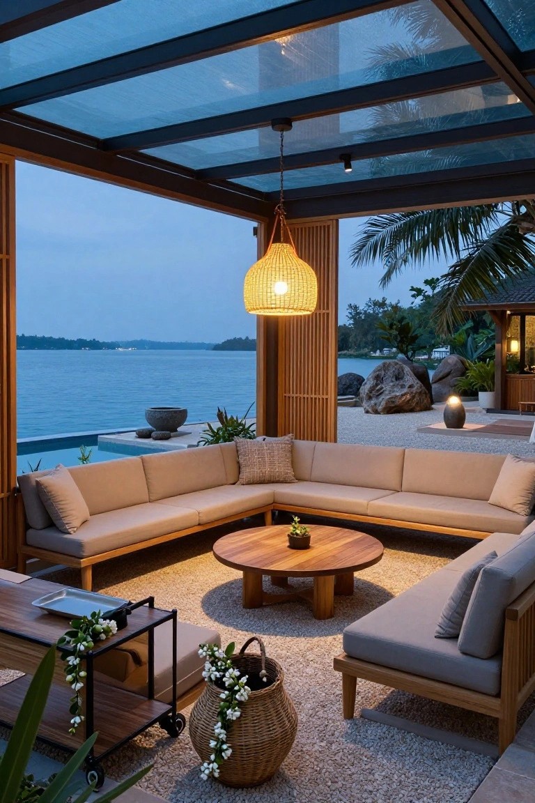 24 Beautiful Pool Shade Pavilion Ideas That Create a Retreat Outdoor pavilion with beige L-shaped sectional sofa, round wooden coffee table, rattan pendant lamp, plants, and pebble ground beside infinity-edge pool overlooking lake at dusk.