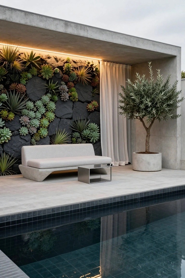 24 Beautiful Pool Shade Pavilion Ideas That Create a Retreat Modern concrete pavilion beside a dark-tiled swimming pool, featuring a vertical wall planted with various succulents and agaves, a low curved white sofa, metal side table, potted olive tree, and sheer curtains.