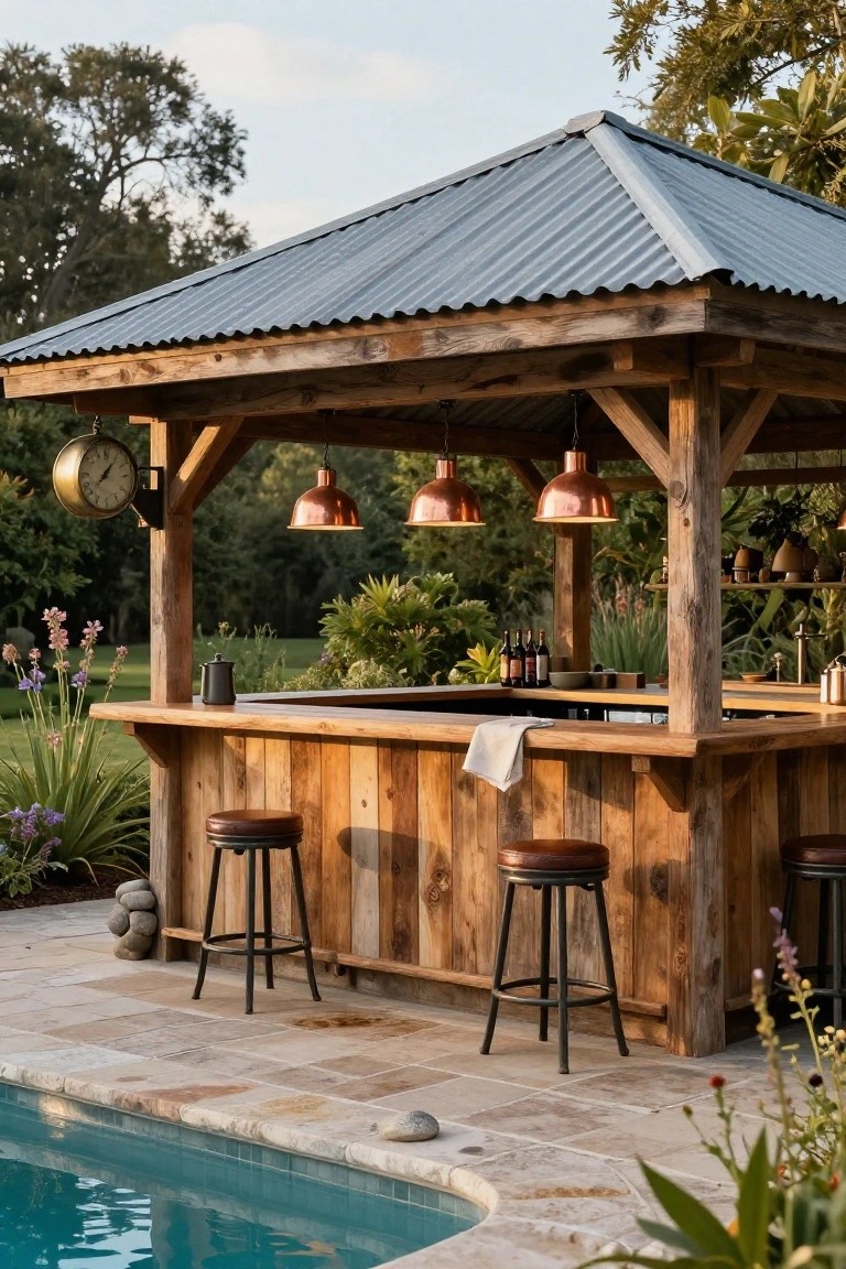 24 Beautiful Pool Shade Pavilion Ideas That Create a Retreat Wooden pavilion with corrugated metal roof, bar counter, leather stools, copper pendant lights, and surrounding plants next to a pool on stone paving.