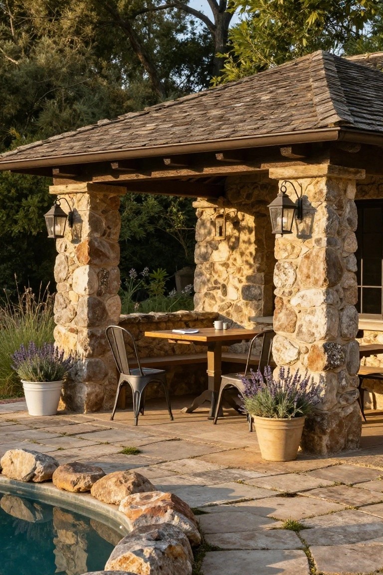 24 Beautiful Pool Shade Pavilion Ideas That Create a Retreat Stone pavilion with timber roof and lanterns on pillars shading a wooden table with two metal chairs next to a pool edged in rocks, with lavender pots on stone pavers.