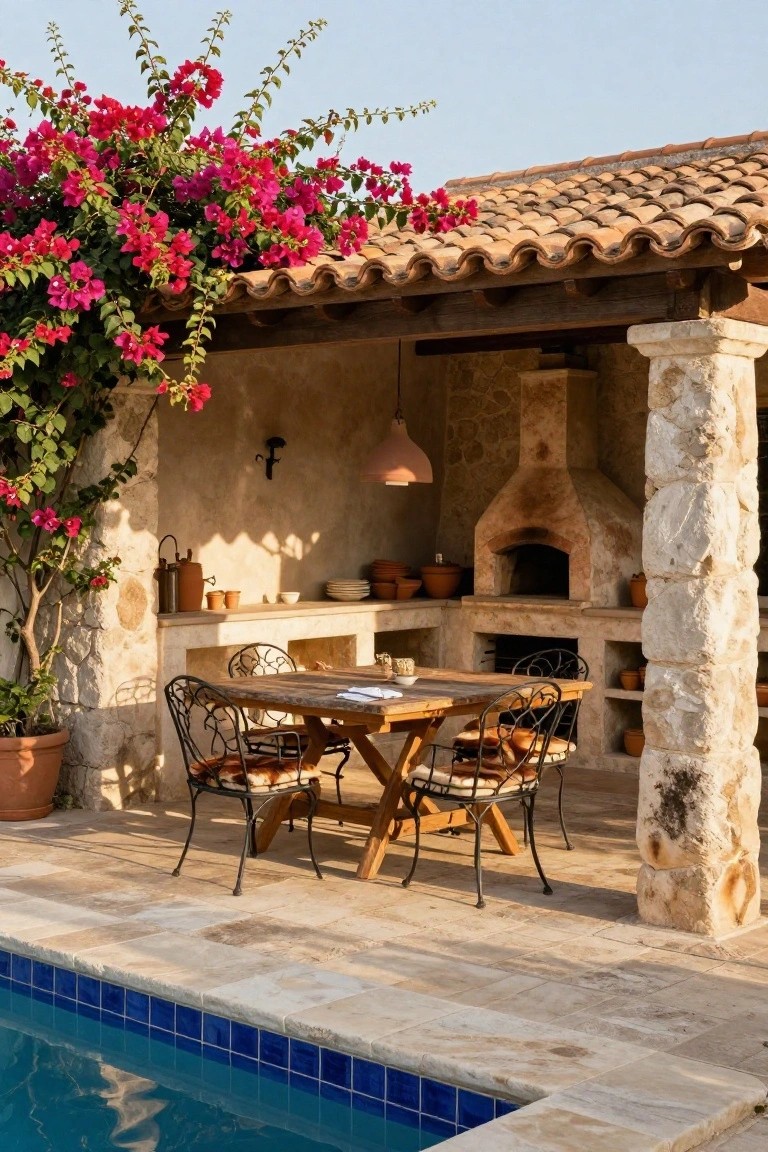 24 Beautiful Pool Shade Pavilion Ideas That Create a Retreat Stone outdoor pavilion with terracotta roof and pink bougainvillea vines, wood dining table with iron chairs, integrated kitchen and pizza oven, next to a rectangular blue swimming pool on tiled patio.