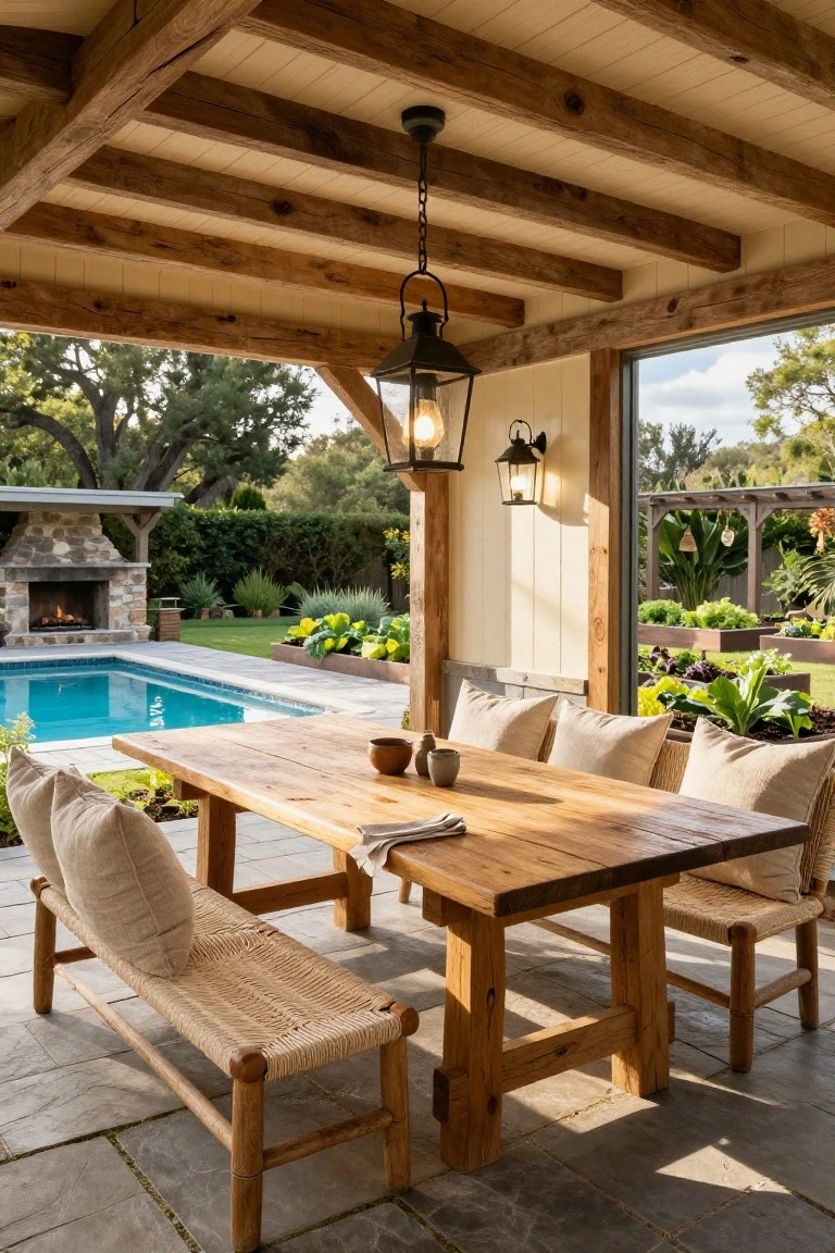 24 Beautiful Pool Shade Pavilion Ideas That Create a Retreat Outdoor pavilion with exposed wooden beams on beige ceiling, hanging lantern lights, rustic wooden dining table with cushioned benches and rattan chairs on slate pavers, overlooking blue pool, garden beds, and stone fireplace.